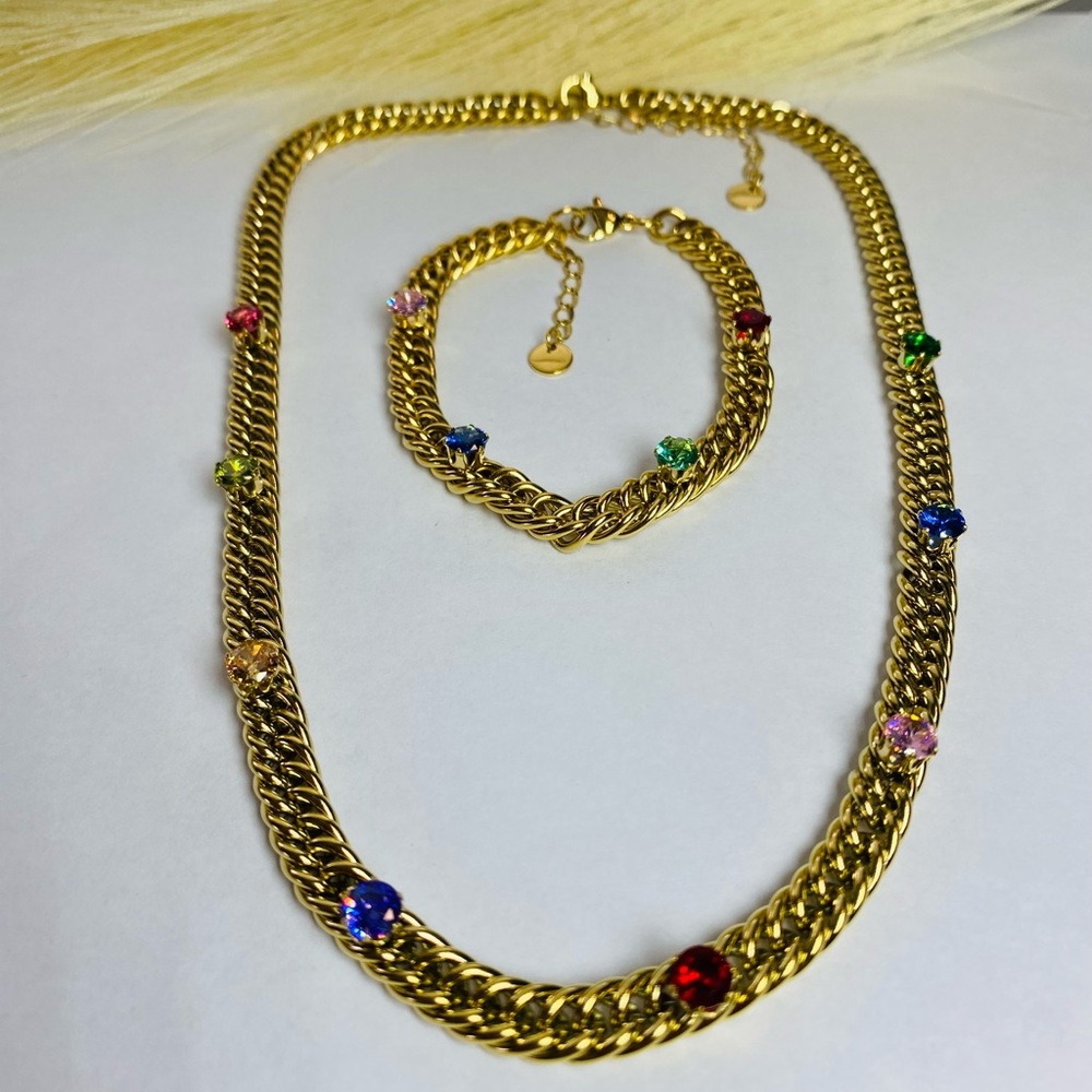 Gold Chain Necklace and Bracelet Set with Multicolor Gem Accents